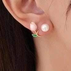Pink Tulip Pearl Stud Earrings