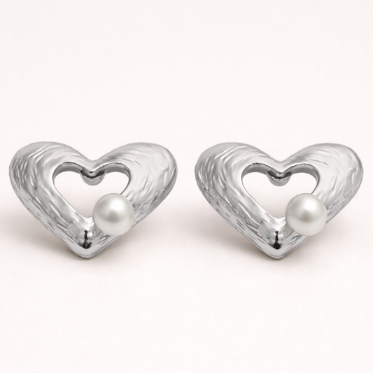 Elegant Open Heart Pearl Stud Earrings