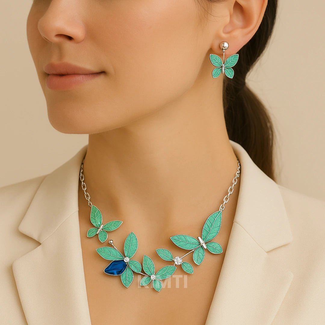 Green Butterfly Metallic Necklace With Earring
