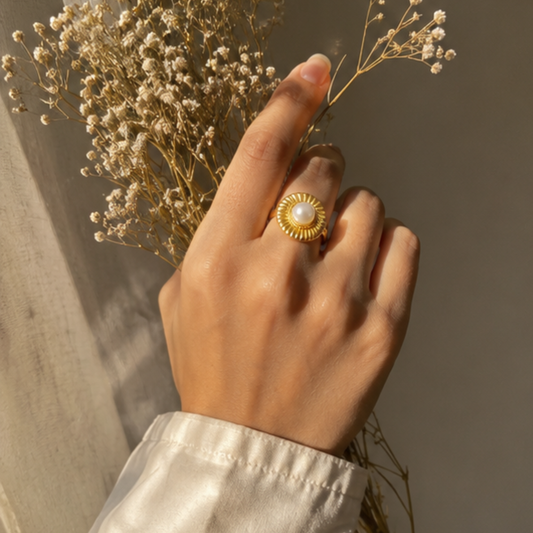 18K Gold Plated Sunburst Pearl Statement Ring