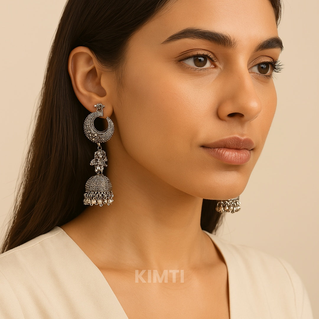 Silver Oxidised Peacock Jhumka Earrings