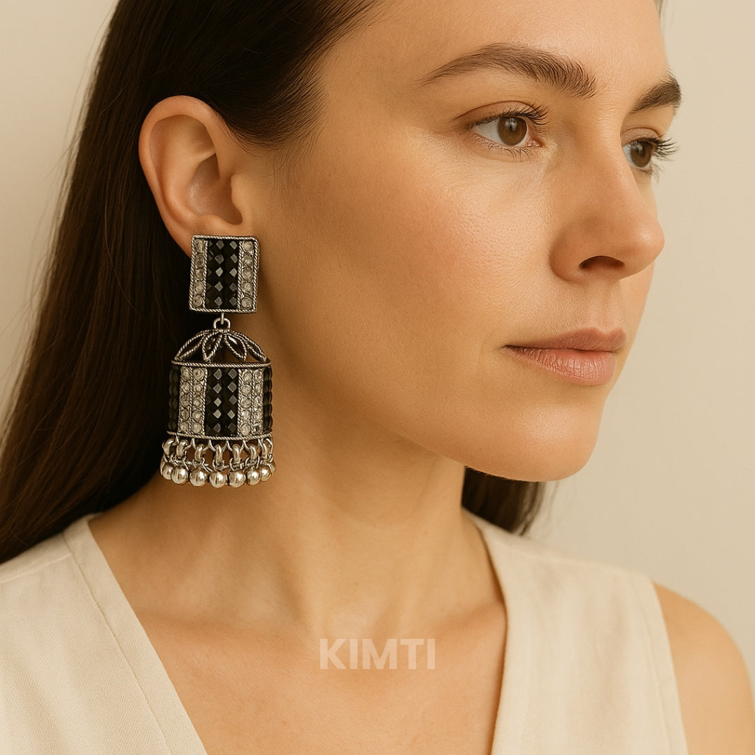 Black and White Oxidised Jhumka Earring