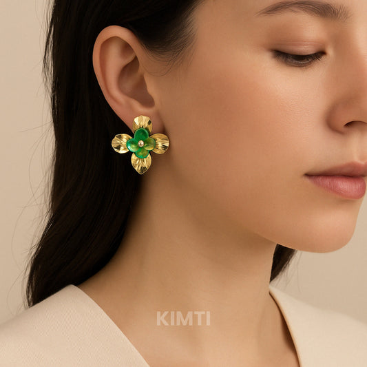 Golden Green Flower Golden Stud Earring