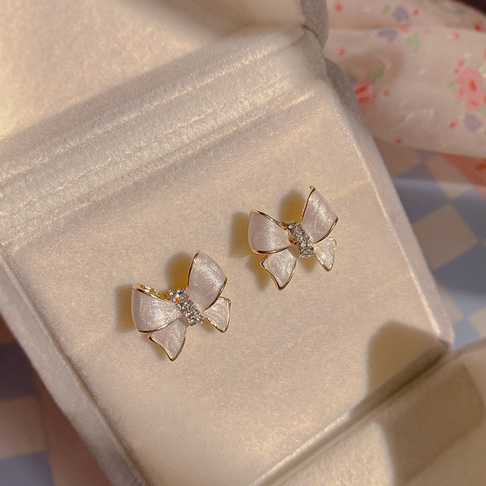 White Bow Stud Earrings