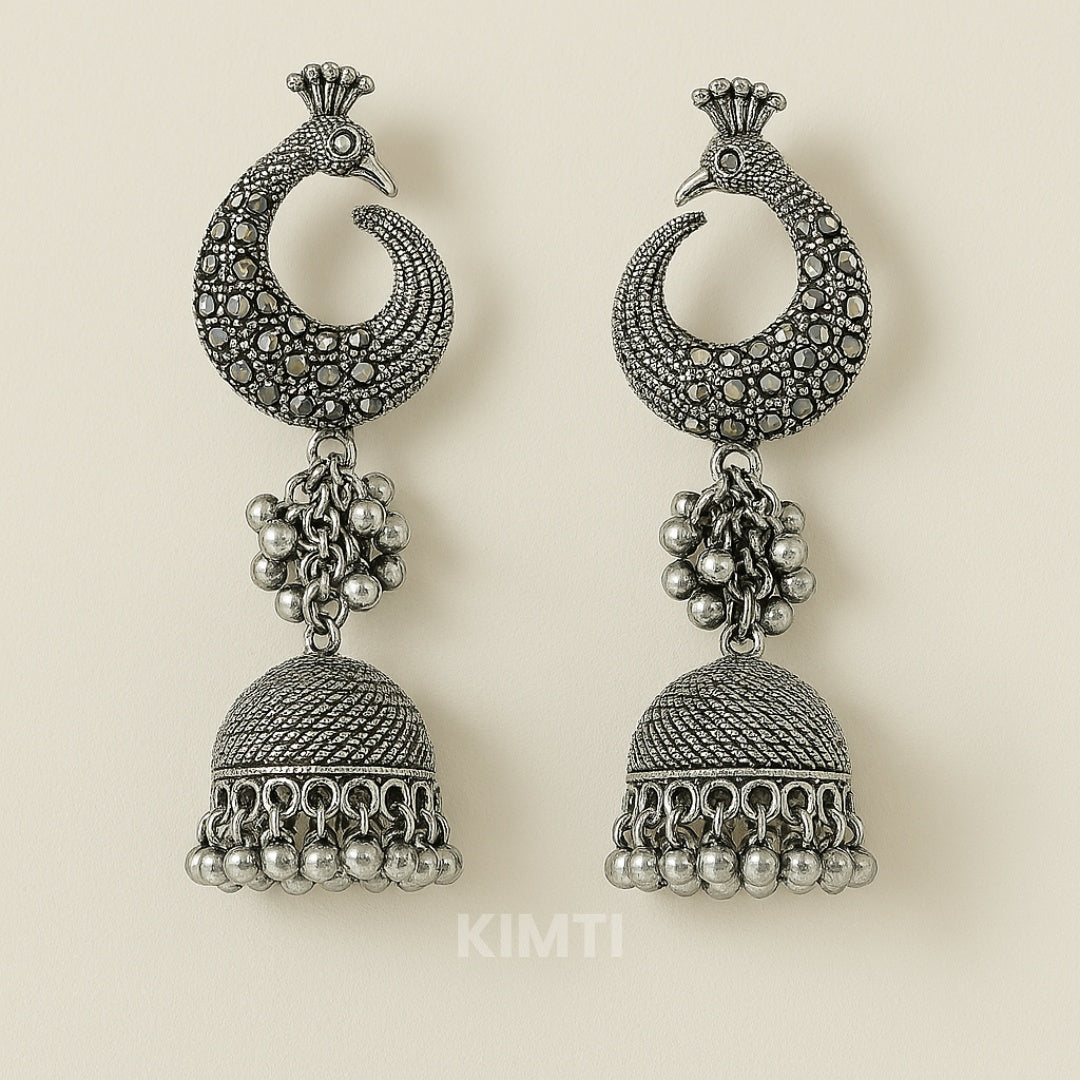 Silver Oxidised Peacock Jhumka Earrings