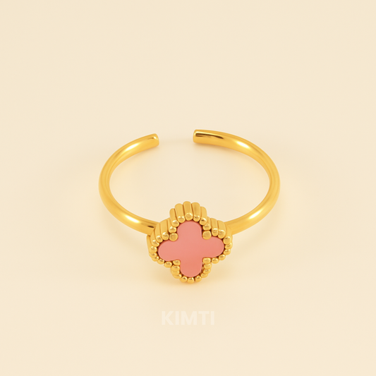 18K Gold Plated Pink Leaf Clover Charm Ring