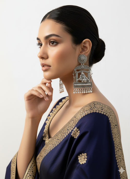 Oxidized Silver Radha Krishna Temple Earrings with Dangle Beads