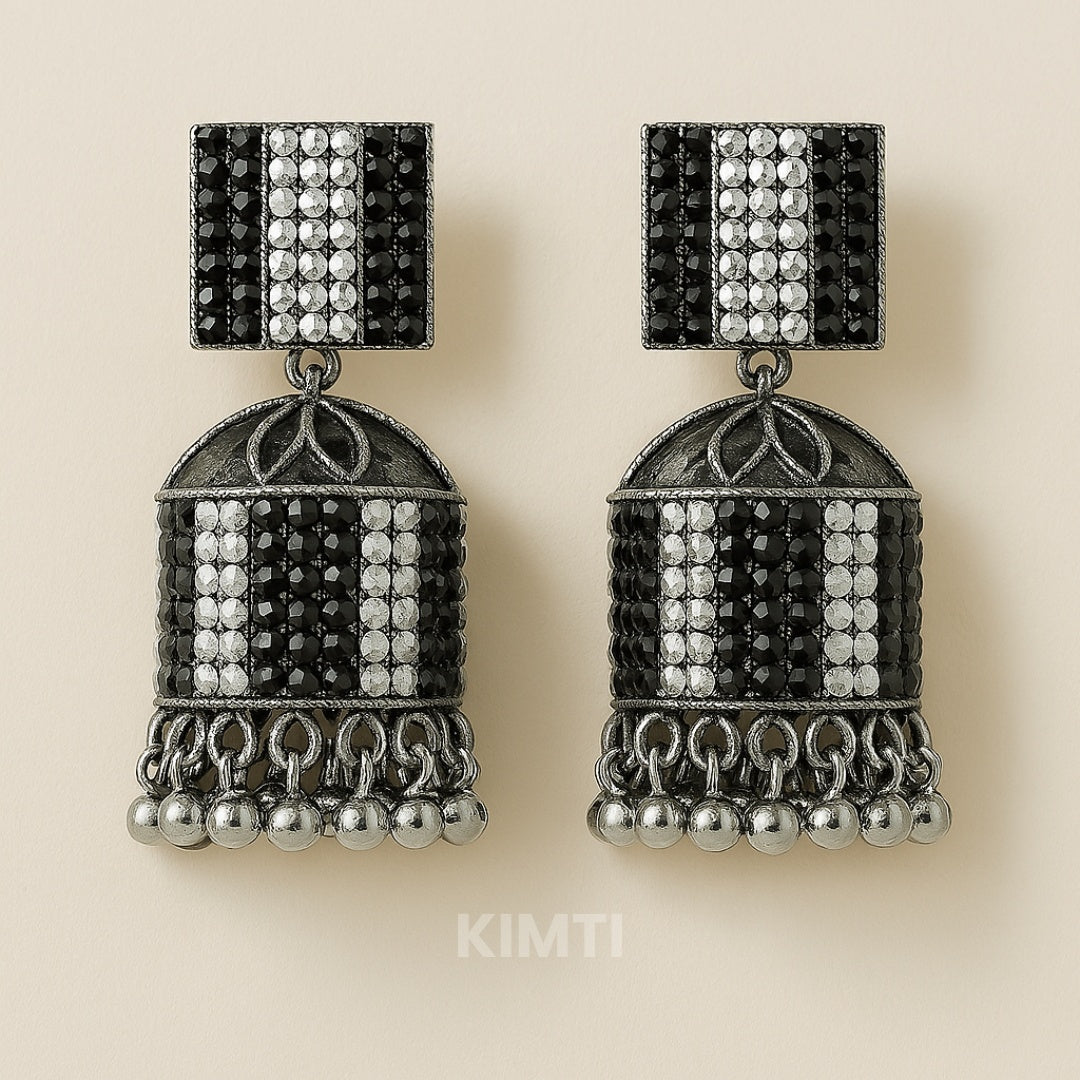Black and White Oxidised Jhumka Earring