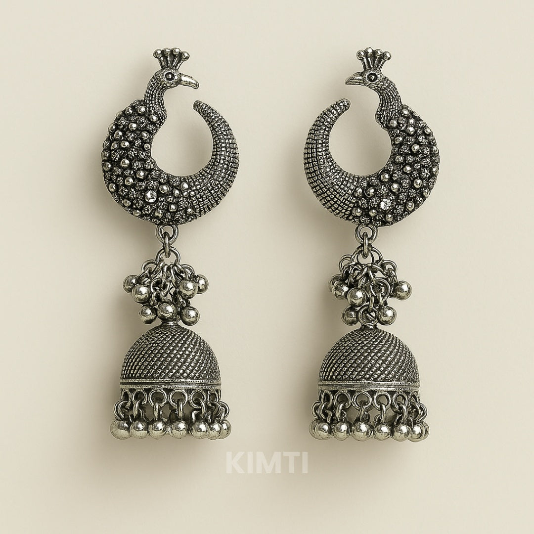 Silver Oxidised Peacock Jhumka Earrings