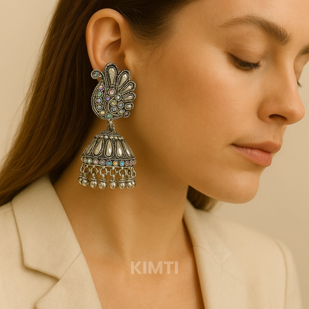 Silver Oxidised Peacock Jhumka Earring