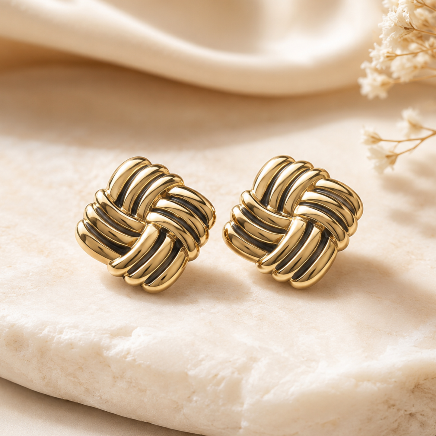 18K Gold Plated Royal Weave Gold Stud Earrings