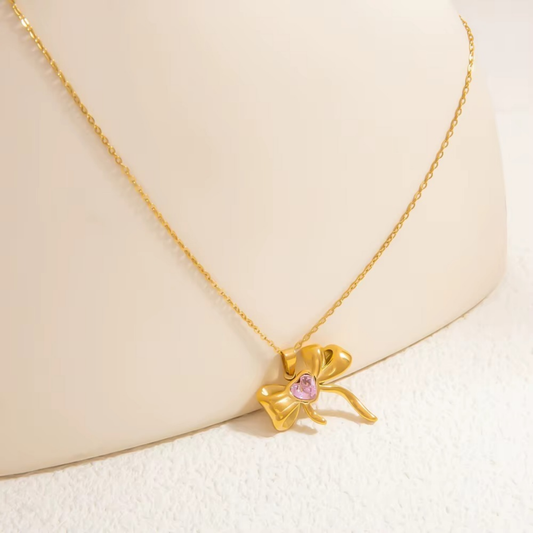 18K Gold Plated Gold Bow Pendant with White Gemstone Necklace