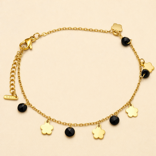 18K Gold Plated Black Stone & Flower Charm Bracelet