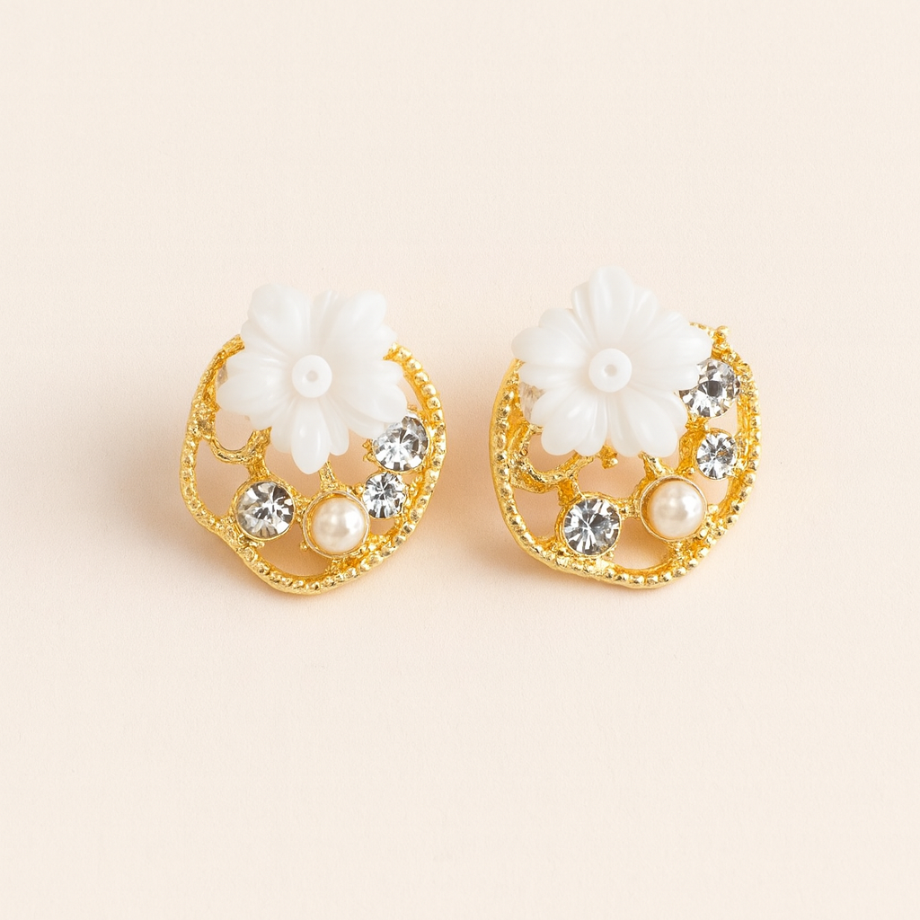 White Blossom Gold Studs
