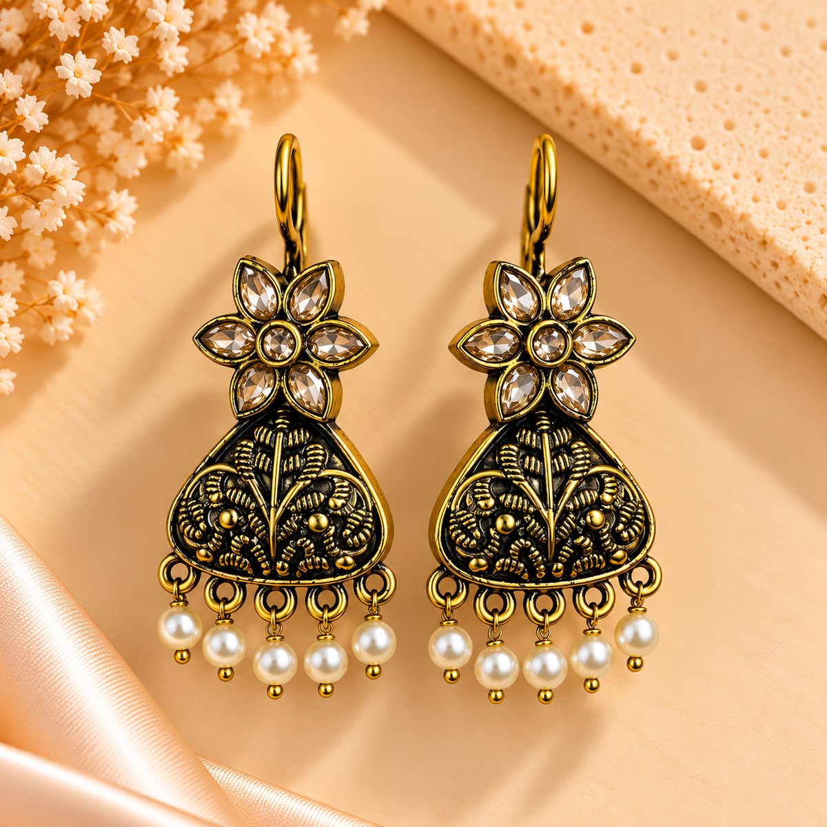 Oxidised Pastel Bloom Pearl Jhumka