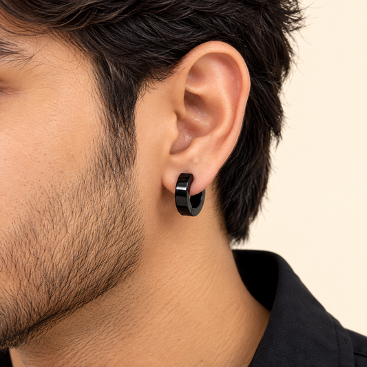 Men - Bold Black Huggie Hoop Earrings