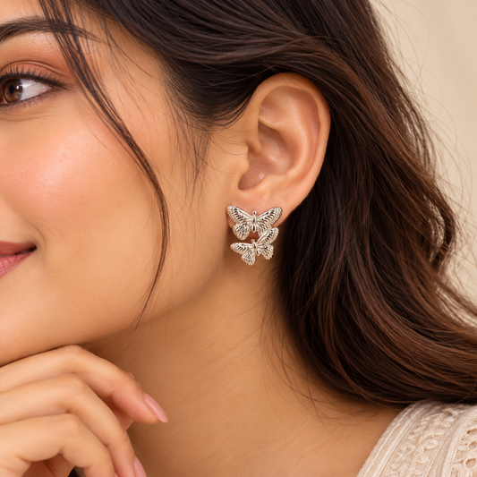 Double Butterfly Silver-Tone Stud Earrings