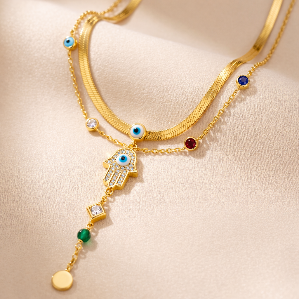 Golden Hamsa Evil Eye Layered Necklace