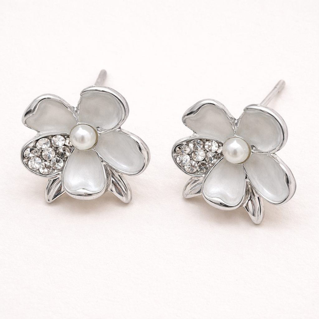 Silver Flower Pearl Earrings