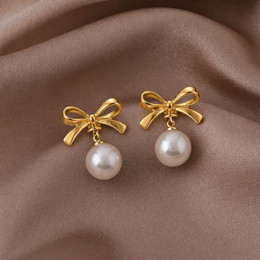 Golden Pearl Bow Stud Earring