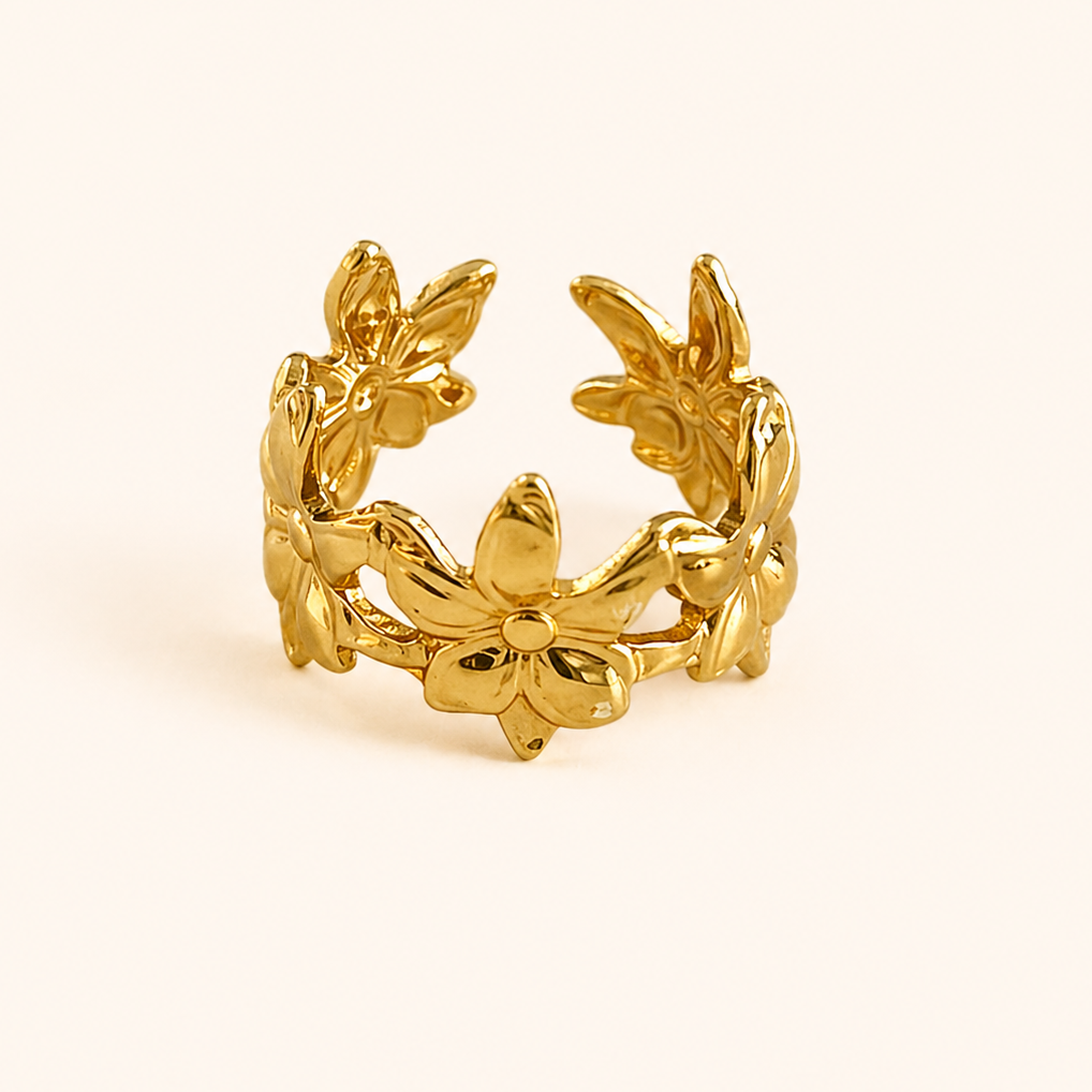 18K Gold-Plated Blossom Charm Floral Open Ring