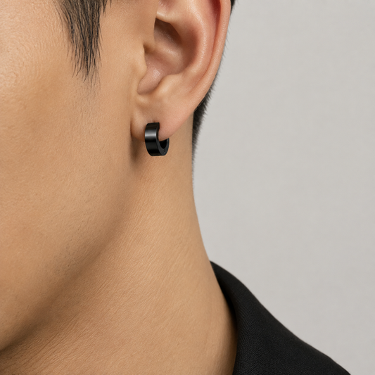 Men - Black Edge Chunky Huggie Hoop Earrings