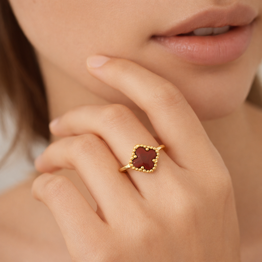 Dark Red Leaf Clover Charm Ring