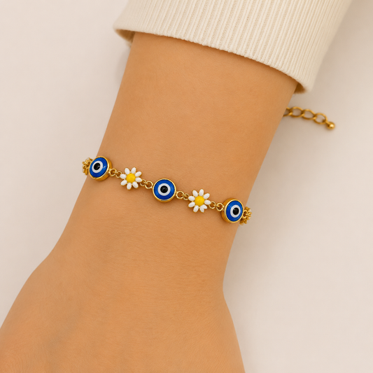 18K Gold Plated Floral Evil Eye Chain Bracelet