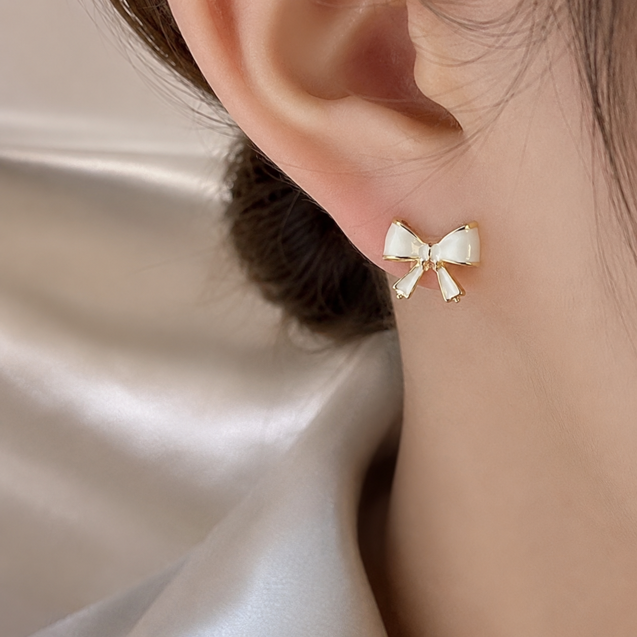 White Ribbon Charm Earrings