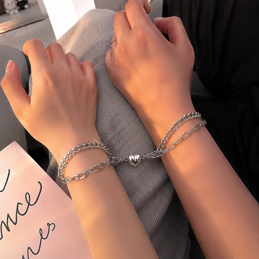 Silver Heart Connector Layered Chain Bracelet