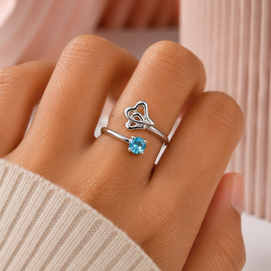 Dainty Double Heart Ring with Blue Stone