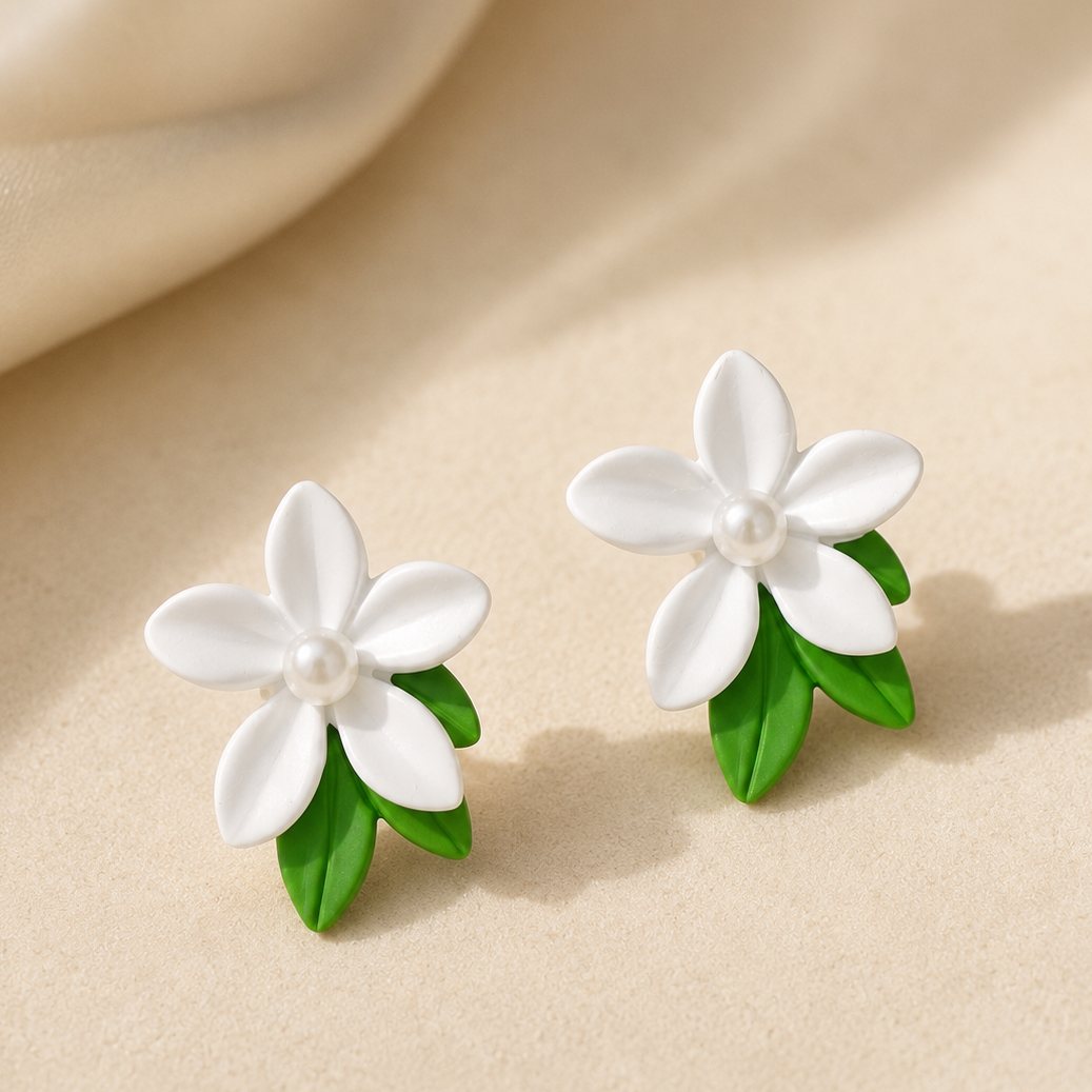 Nature Inspired White Green Floral Stud Earrings