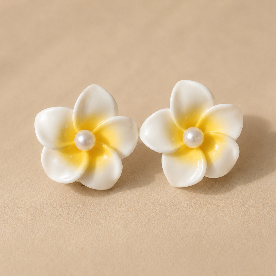 White & Yellow Plumeria Pearl Floral Earring