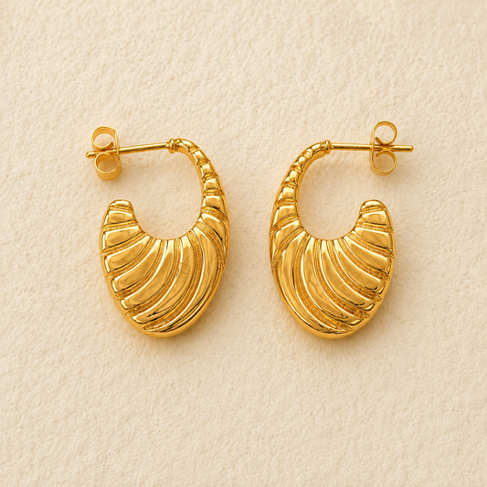 18K Gold Plated Ribbed Hoop Waterproof Earrings