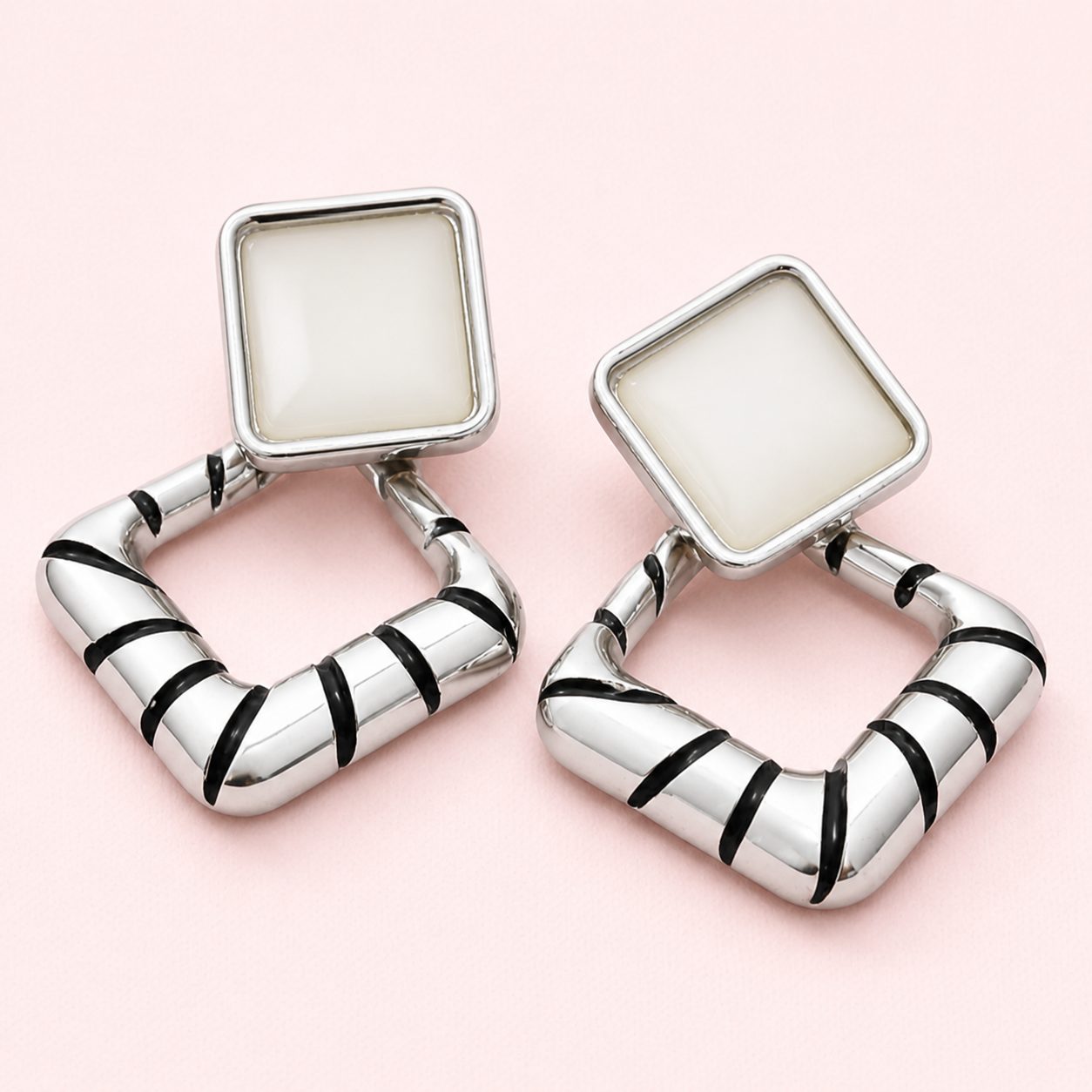 Silver Geo Square Drop Earrings