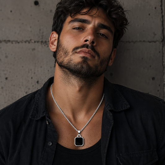 Men - Geometric Black Stone Silver Necklace