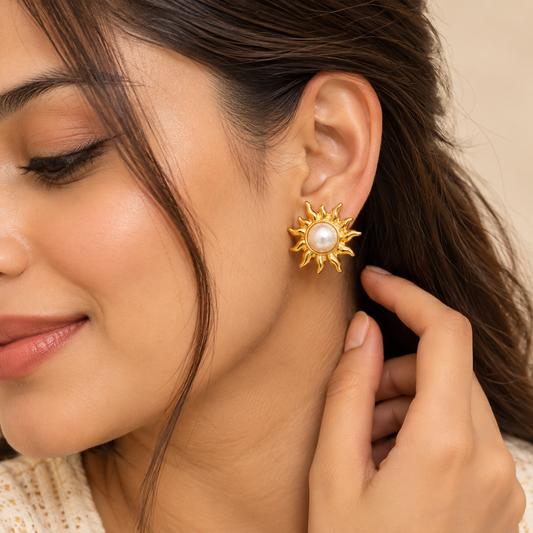 18K Gold-Plated Pearl Sunburst Stud Earrings