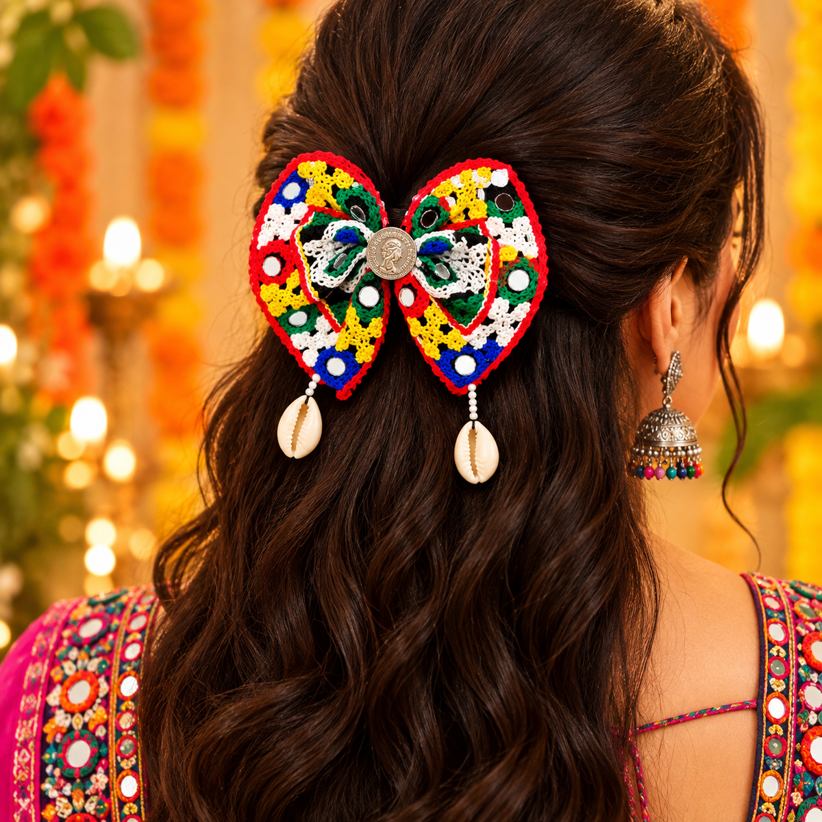 Multicolor Mirror Work Bow Hair Clip with Cowrie Shells