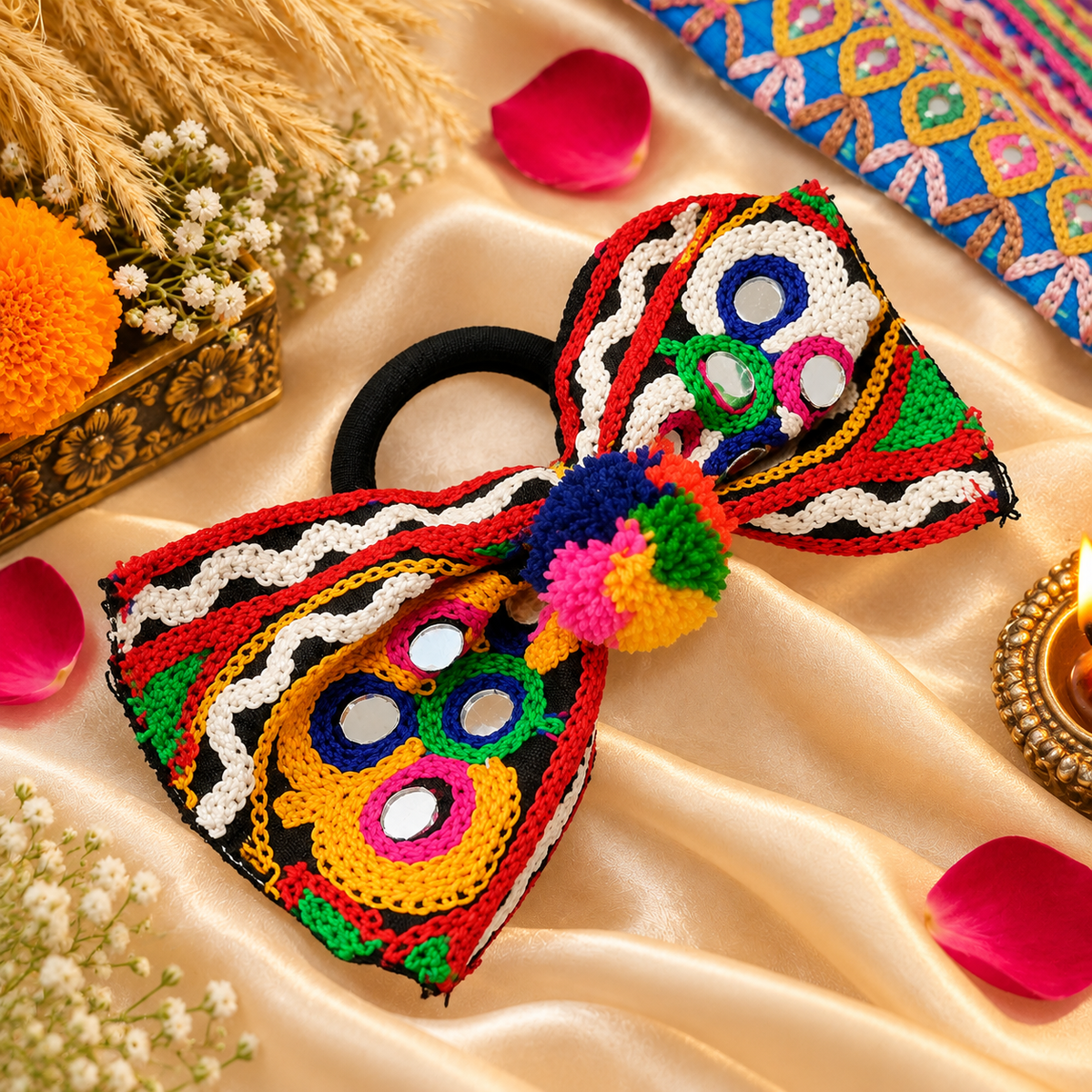 Navrang Mirror Work Pom-Pom Bow Hair Tie