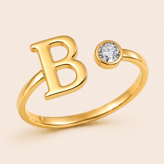 18K Gold Plated Adjustable Initial Charm Ring