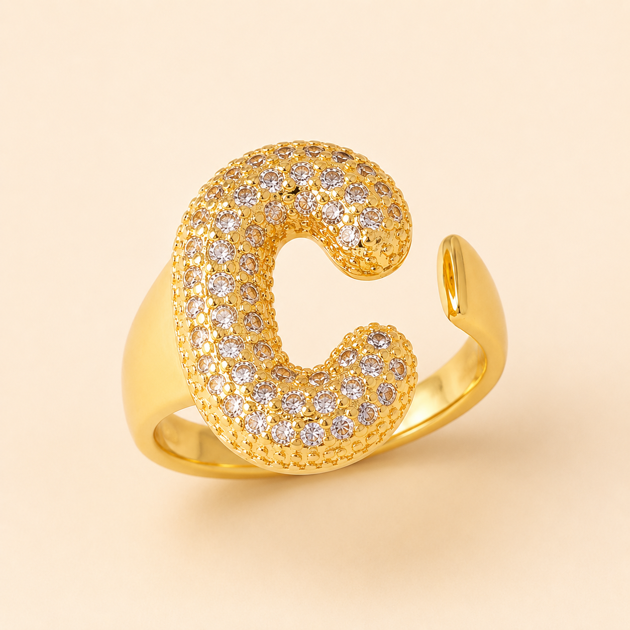 18K Gold Plated Adjustable Initial Charm Ring