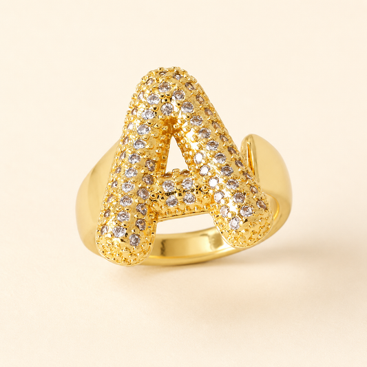 18K Gold Plated Adjustable Crystal Initial Ring