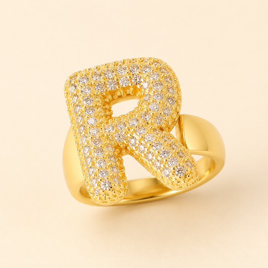 18K Gold Plated Adjustable Crystal Initial Ring