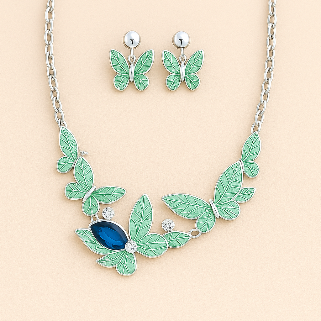 Green Butterfly Metallic Necklace With Earring