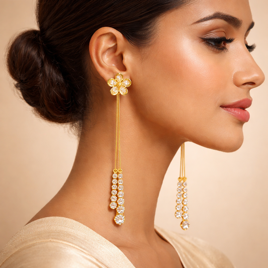 Gold Flower Crystal Chain Drop Earrings