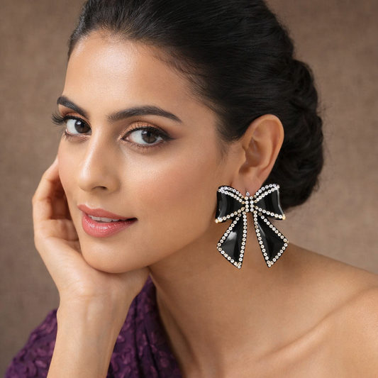 Black Ribbon Crystal Shine Earrings
