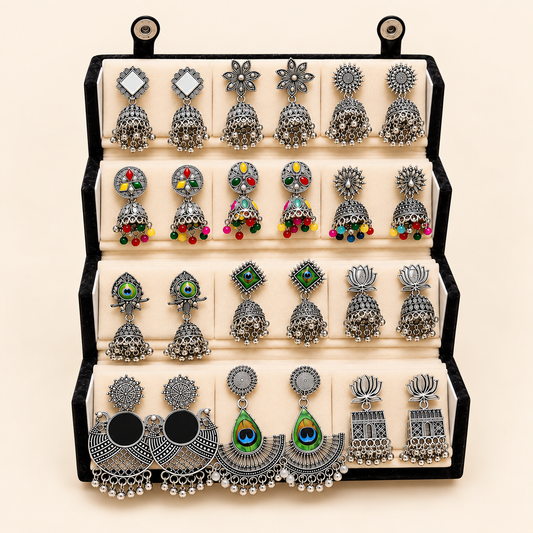 Designer Oxidized Silver Earrings Set – 12 Pairs