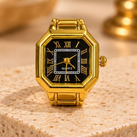 18K Gold-Plated Octagonal Black Dial Quartz Watch Ring