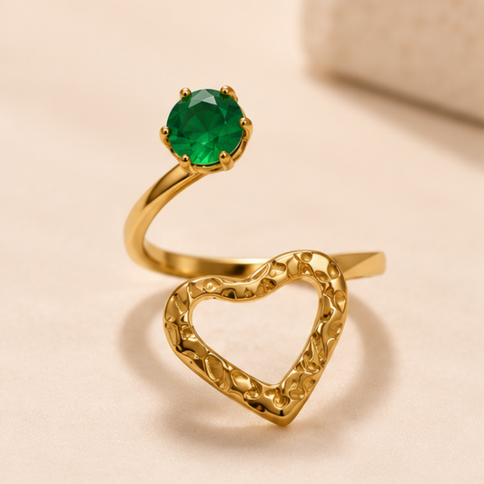 18K Gold Plated Solitaire Stone & Textured Heart Gold Adjustable Ring