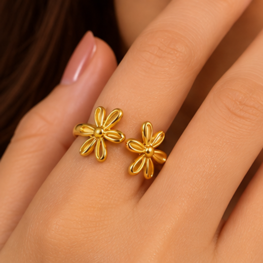 18K Gold Plated Double Daisy Floral Statement Ring